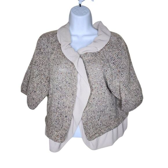 Dessin Short Sleeve Cropped Cardigan Womens L Beige Ivory Ruffle - Picture 1 of 7